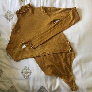 Free People Mustard Waffle Mock Neck Bodysuit XS S